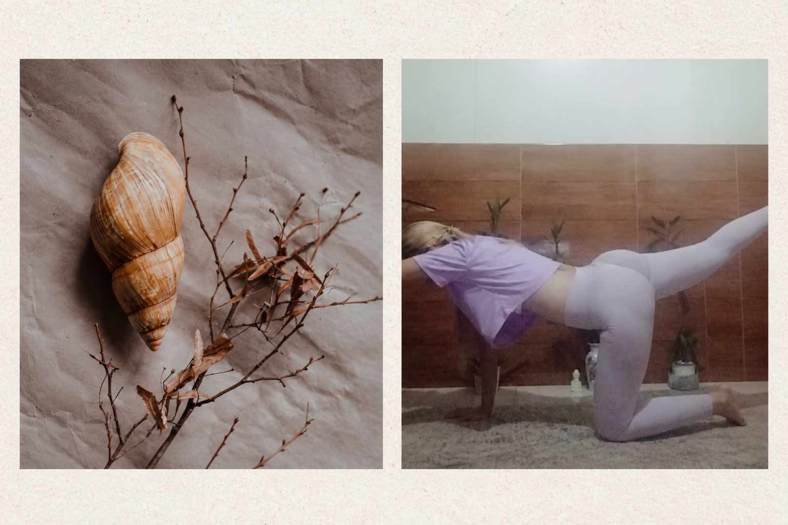 Composición serena con una concha y una práctica de yoga en interior